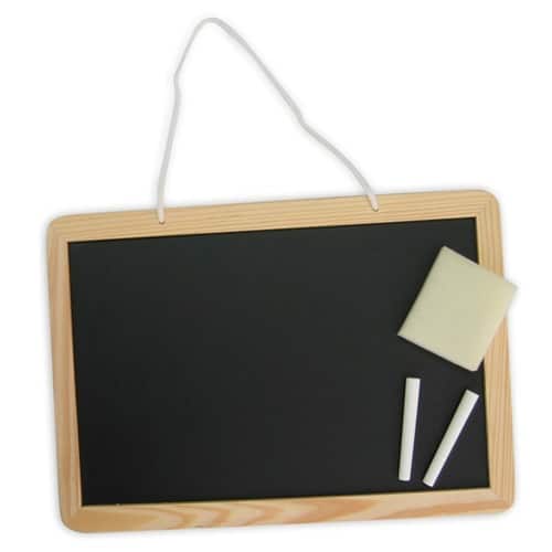 wooden blackboard, chalk and duster